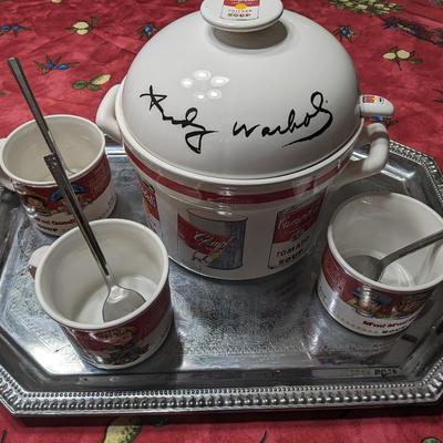 Andy Warhol Signed 3 pc Soup Taureen and Campbells Soup Mug/Bowls, with spoons and tray