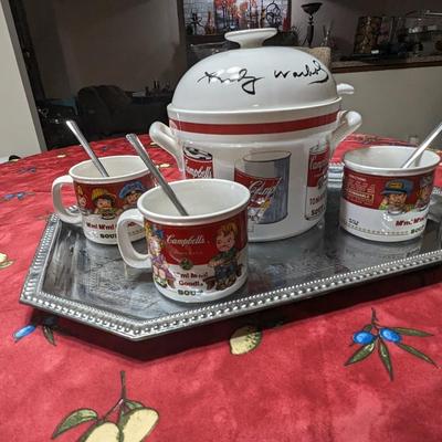 Andy Warhol Signed 3 pc Soup Taureen and Campbells Soup Mug/Bowls, with spoons and tray