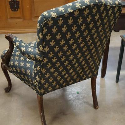 Carved Wood Accent Chair w/ Fleur-dis-Lis Fabric