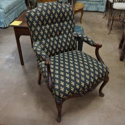 Carved Wood Accent Chair w/ Fleur-dis-Lis Fabric