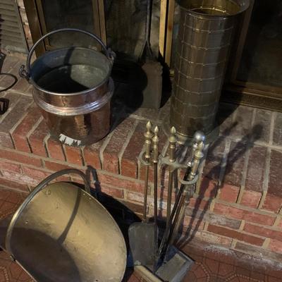 Brass Fireplace Tools / Ash Bucket / Umbrella Stand