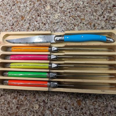 Set of 6 authentic French Jean Dubost Laguiole steak knives multi color