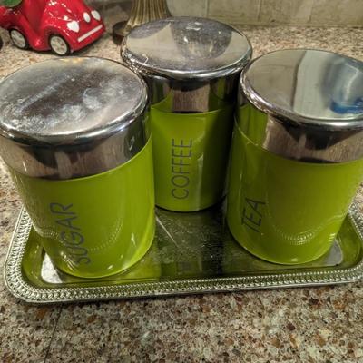 Premier Housewares Liberty Tea Coffee and Sugar Canisters - Set of 3, Lime Green and Silver Tray