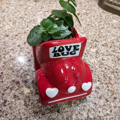 Charming Red VW Volkswagen Love Bug Ceramic Vase Planter.