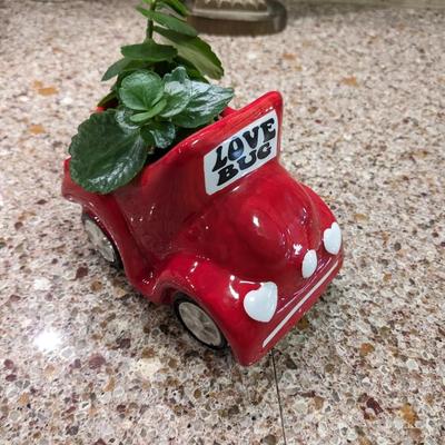 Charming Red VW Volkswagen Love Bug Ceramic Vase Planter.
