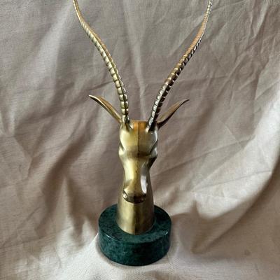 Vintage Brass Antelope Sculpture Head on Marble