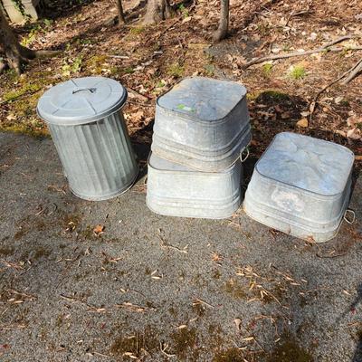 4 Galvanized Can & Tubs 1 Can w Lid 3 Square Tubs