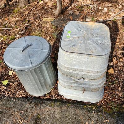 4 Galvanized Can & Tubs 1 Can w Lid 3 Square Tubs