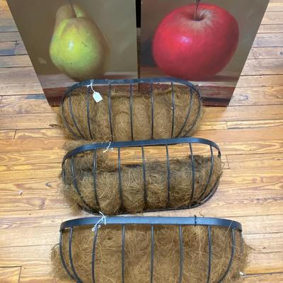 Pair of Fruit Prints and Hanging Metal Planters Lot