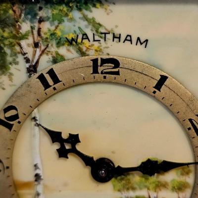 Waltham hand painted brass and porcelain desk clock