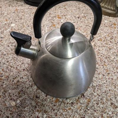 Vintage 1980s COPCO WHISTLING TEA KETTLE, Stainless Tea Kettle, Round Black Handle with Black Ball Knob, Retro 80s Kitchen Decor