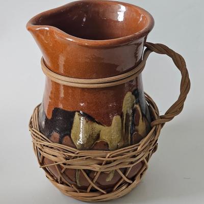 Vintage Slipware Sangria Pitcher With Basketry