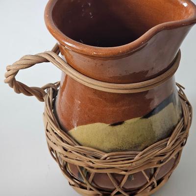 Vintage Slipware Sangria Pitcher With Basketry