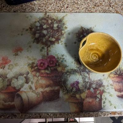 Glass Cutting Board and Pottery Barn Dish