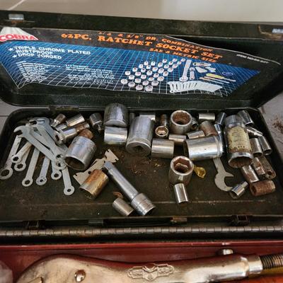 Tool Box with contents Sockets, Lufkin tape rule and more