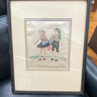 Vintage "Children in Custom(Costume?) Lederhosen" Fabric Art, SIGNED