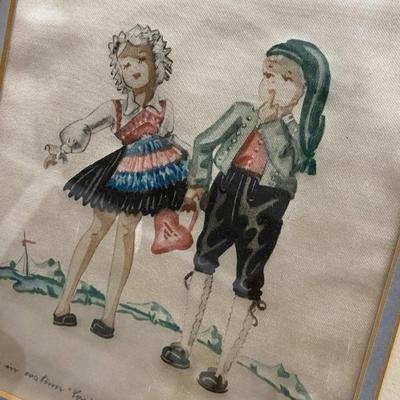 Vintage "Children in Custom(Costume?) Lederhosen" Fabric Art, SIGNED
