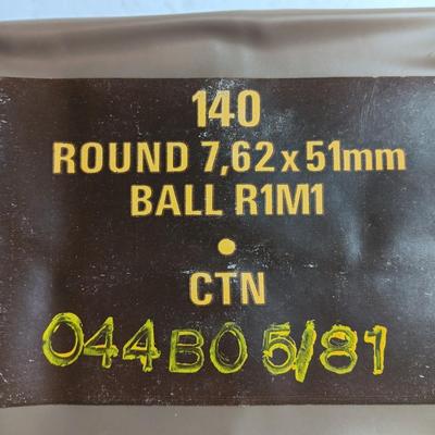 140 Round 7,62 x 51 mm CTN Military issued battle pack Ammunition. sealed
