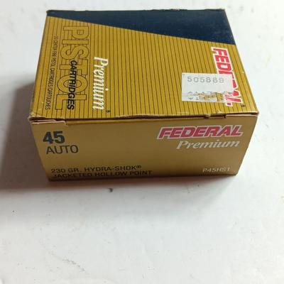 Federal Ammunition premium pistol cartridges 20 centerfire 45 auto 230 Gr. Hydra-Shok Jacketed Hollow Point