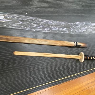 Wooden Katanas and Metal Basket Lot