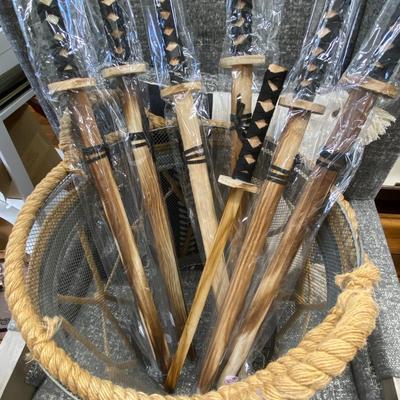 Wooden Katanas and Metal Basket Lot