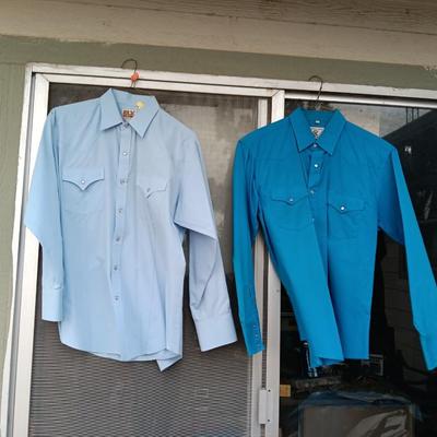 Two Men's pearl snap shirts - long sleeved Ely Cattleman's 161/6 & Corral West Large