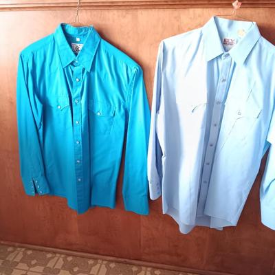 Two Men's pearl snap shirts - long sleeved Ely Cattleman's 161/6 & Corral West Large
