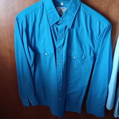 Two Men's pearl snap shirts - long sleeved Ely Cattleman's 161/6 & Corral West Large