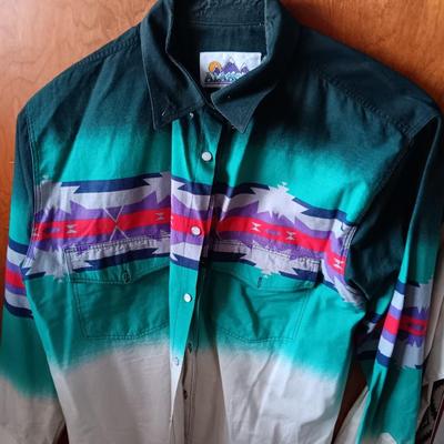 Two Men's pearl snap shirts - long sleeved Wrangler and Alamosa both size Medium