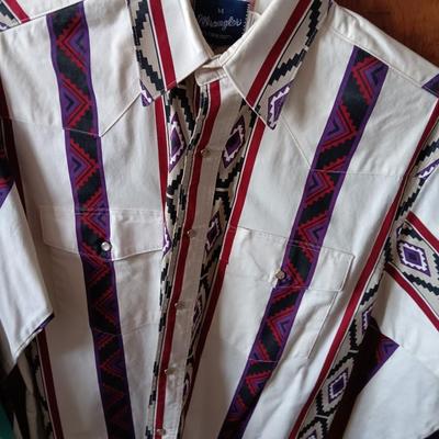 Two Men's pearl snap shirts - long sleeved Wrangler and Alamosa both size Medium