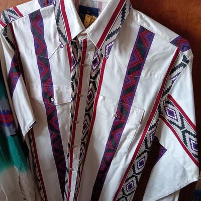 Two Men's pearl snap shirts - long sleeved Wrangler and Alamosa both size Medium
