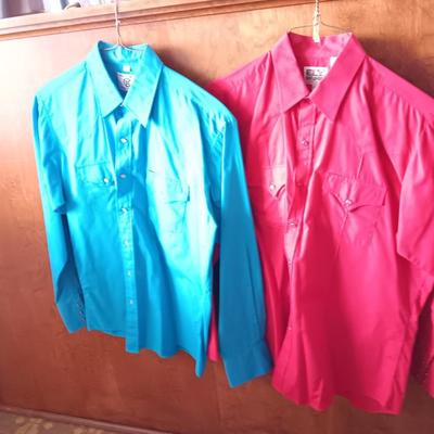 Two Men's pearl snap shirts - long sleeved shirts Ely Cattleman's Size 16 1/2 & Wrangler Size Large