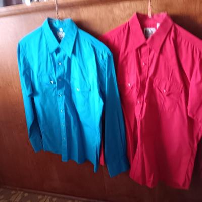 Two Men's pearl snap shirts - long sleeved shirts Ely Cattleman's Size 16 1/2 & Wrangler Size Large