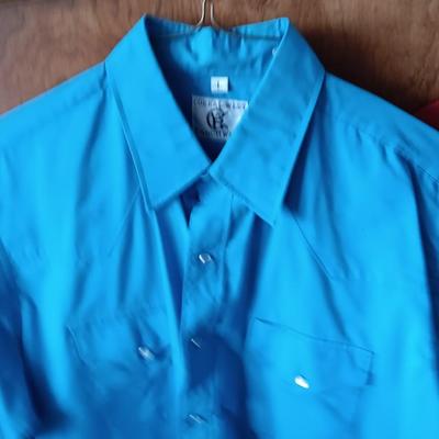 Two Men's pearl snap shirts - long sleeved shirts Ely Cattleman's Size 16 1/2 & Wrangler Size Large