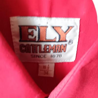 Two Men's pearl snap shirts - long sleeved shirts Ely Cattleman's Size 16 1/2 & Wrangler Size Large