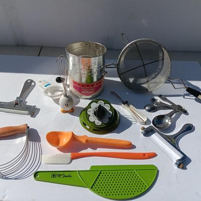 Vintage kitchen items - timer - utensils - sifter - and more