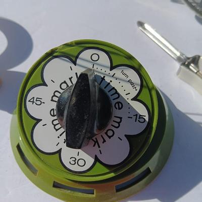 Vintage kitchen items - timer - utensils - sifter - and more