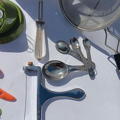 Vintage kitchen items - timer - utensils - sifter - and more