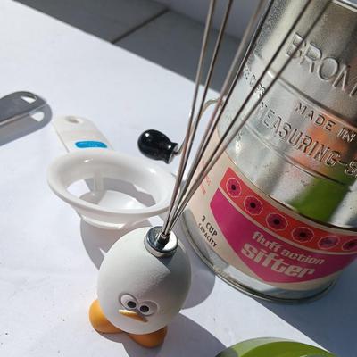 Vintage kitchen items - timer - utensils - sifter - and more