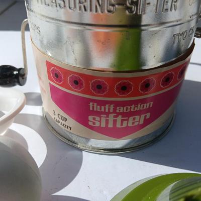 Vintage kitchen items - timer - utensils - sifter - and more