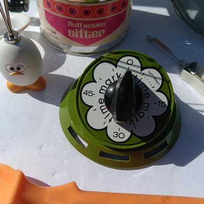 Vintage kitchen items - timer - utensils - sifter - and more