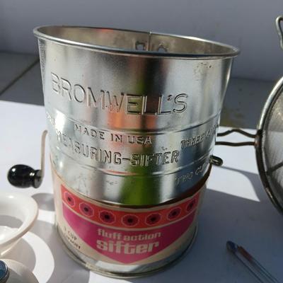 Vintage kitchen items - timer - utensils - sifter - and more