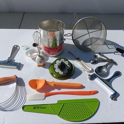 Vintage kitchen items - timer - utensils - sifter - and more