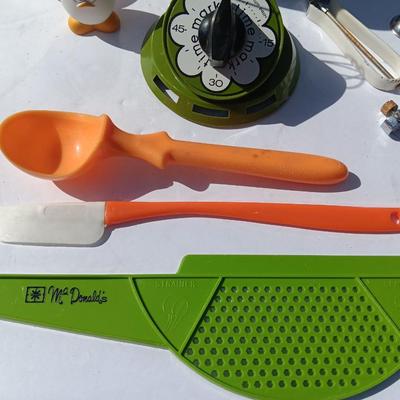 Vintage kitchen items - timer - utensils - sifter - and more