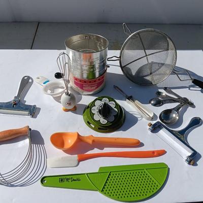 Vintage kitchen items - timer - utensils - sifter - and more