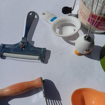 Vintage kitchen items - timer - utensils - sifter - and more
