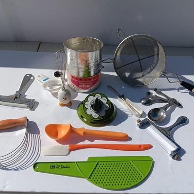 Vintage kitchen items - timer - utensils - sifter - and more