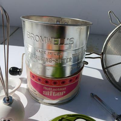 Vintage kitchen items - timer - utensils - sifter - and more