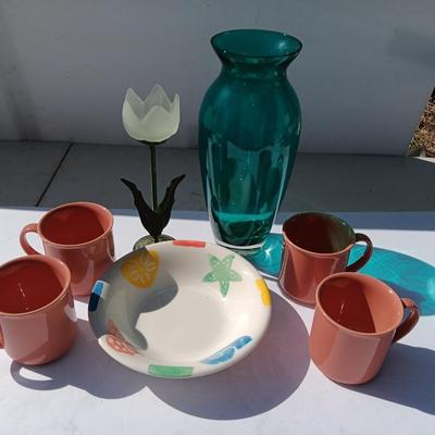 Four stoneware Mugs - Ocean inspired bowl - blue vase and flower candle sconce.