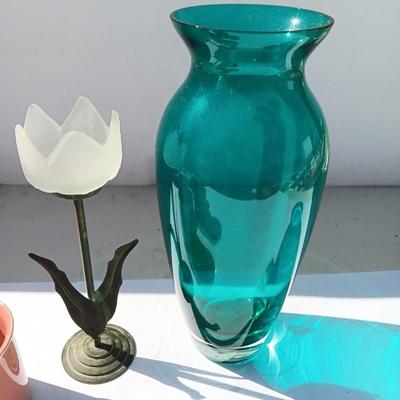 Four stoneware Mugs - Ocean inspired bowl - blue vase and flower candle sconce.